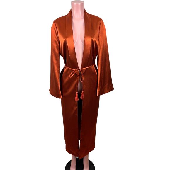 Tularosa (Revolve) Lani Satin Jacket Robe Kimono Bronze Orange XS flare sleeve - Picture 2 of 12